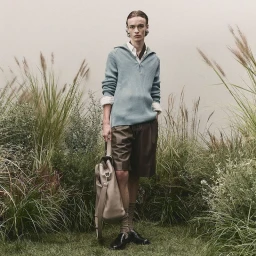 A male model wearing a light blue ribbed sweater and dark shorts holds a beige tote bag amidst tall grass and plants.