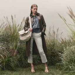 Model standing outdoors wearing a brown leather coat over a grey blouse and beige trousers, holding a cream shoulder bag.
