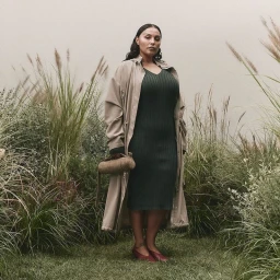 Model wearing a green ribbed dress and beige trench coat standing amidst tall ornamental grasses for BOSS.