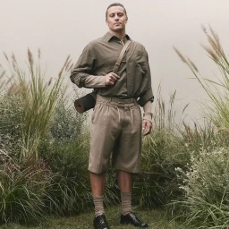 Man standing outdoors wearing an olive green shirt and shorts, holding a rolled brown yoga mat with a strap, framed by tall ornamental grasses