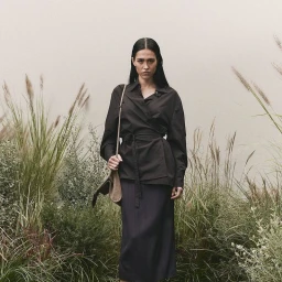 Model standing among tall grasses wearing a dark wrap shirt and skirt while holding a shoulder bag