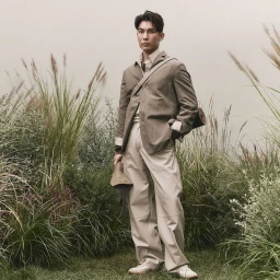 Man standing outdoors wearing a taupe blazer and light trousers amidst tall ornamental grasses for Boss Spring/Summer 2025.