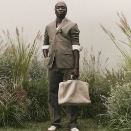 Khaby Lame in a taupe suit and skullcap holding a beige travel bag amidst tall ornamental grass for Boss S/S 25.