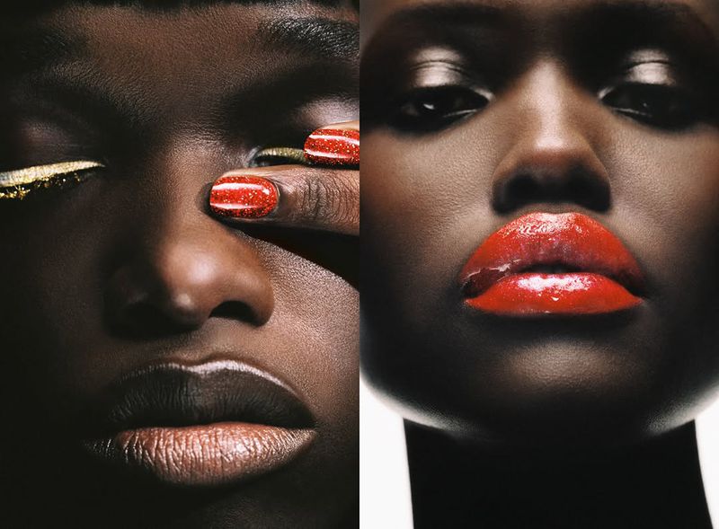Close-up diptych showcasing diverse makeup styles on an adult female with dark skin, featuring gold eyeliner and bright red lipstick.