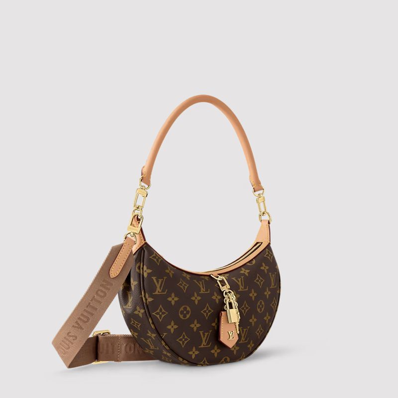 Luxury Louis Vuitton handbag with brown monogram pattern, gold hardware, and tan leather strap, displayed against a neutral background.
