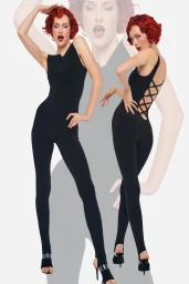 Model with red hair wearing a black jumpsuit against a white seamless background for Norma Kamali