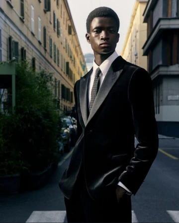 A fashionable African-American man in a stylish black suit and tie confidently poses on a city street with historic buildings.
