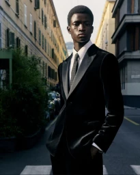 Black man wearing a black velvet suit jacket and tie standing outdoors on a city street flanked by tall buildings.