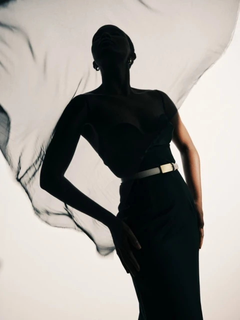 Studio shot of a silhouetted Black woman in a black dress and flowing chiffon scarf, posed against a stark white backdrop with moody lighting.