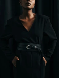 Model wearing a black v-neck top cinched with a wide black leather belt against dark pleated curtains