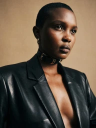 Close-up portrait of a Black woman with short hair wearing a black leather jacket and a buckled collar choker against a neutral background.
