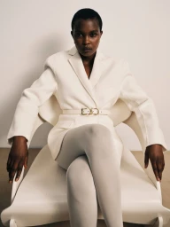 Model seated in a white chair wearing a white belted blazer and white tights against a plain background