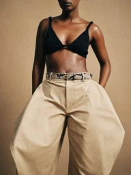 Model wearing a black knit crop top and voluminous beige trousers with a snakeskin belt