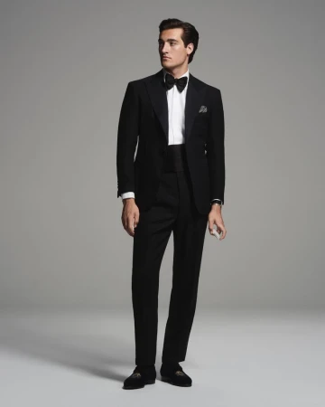 Man in black tuxedo with bow tie in a studio shot. He is wearing a white shirt and black dress pants with loafers. Formal fashion.