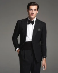 Man wearing a black tuxedo with bow tie and cummerbund standing against a grey studio backdrop for Dunhill campaign