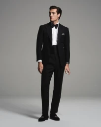 Full-length portrait of a man wearing a black tuxedo, white shirt, and bow tie against a grey seamless studio background.