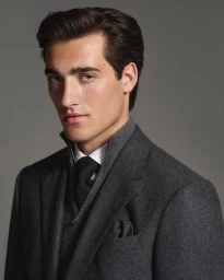 Portrait of a man wearing a charcoal grey wool suit jacket, white shirt, and dark tie against a neutral grey studio background