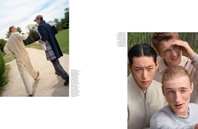 Editorial layout featuring models in Dior menswear walking outdoors and close-up portraits