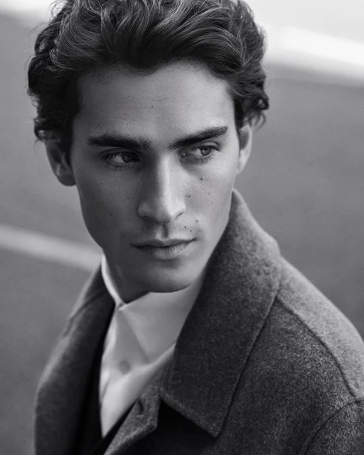 Black and white portrait of a young man in a wool coat looking off-camera with soft, diffused lighting and a shallow depth of field.