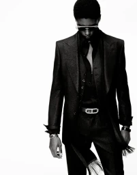 Black man wearing dark sunglasses and a black suit with a fringed scarf against a plain white background.