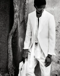 Model Douta Sidibe wearing a white suit and sunglasses against a textured stone wall for Tom Ford Spring 25 Men.