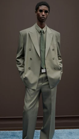 Model in olive green double-breasted suit and tie wearing sunglasses against brown wall