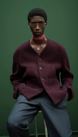 Black male model wearing sunglasses, red scarf, and a burgundy cardigan against a green seamless studio background