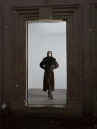 Model wearing a dark fur-trimmed coat standing within a rectangular architectural doorway as snow falls