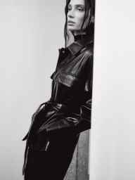 Monochrome fashion portrait of a model in a dark belted leather jacket leaning against a pale wall.