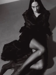 Model seated on the floor wearing a dark faux fur coat and high heels in a monochromatic studio setting.