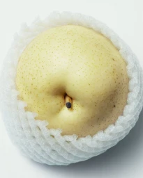 Close-up of a pale yellow asian pear resting inside a white protective foam mesh net on a neutral surface