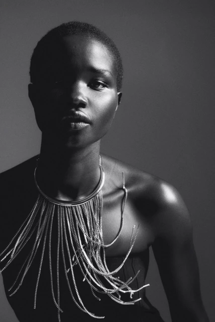 Portrait of a Black woman with short hair wearing a metallic fringe necklace in a studio setting with diffused lighting.
