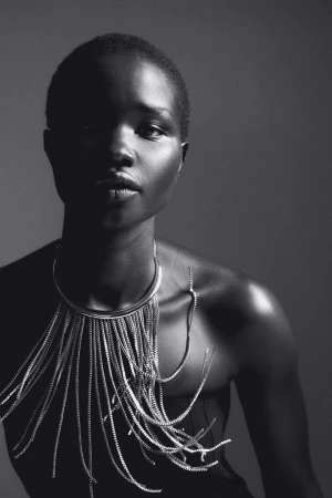 Portrait of a Black woman with short hair wearing a metallic fringe necklace in a studio setting with diffused lighting.