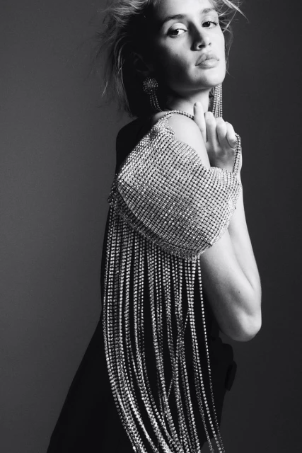 Monochrome portrait of a woman with a rhinestone fringe purse, statement earrings, and hand near her face in a studio setting.