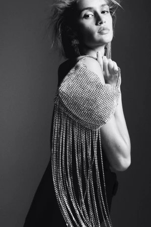 Monochrome portrait of a woman with a rhinestone fringe purse, statement earrings, and hand near her face in a studio setting.