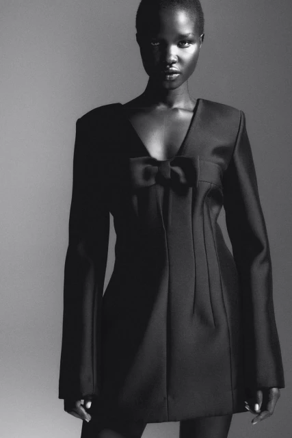Glamorous Black and white studio portrait of a Black woman in a dark dress with a bow, posing against a gradient gray backdrop.