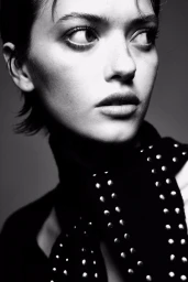 Close-up portrait of a model with short dark hair wearing a black studded scarf against a neutral background.