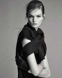 Model Lulu Tenney wearing a dark knit scarf and leather gloves against a grey studio backdrop for Massimo Dutti.