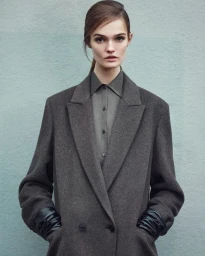 Model Lulu Tenney wearing a dark grey coat and collared shirt against a textured blue wall for Massimo Dutti