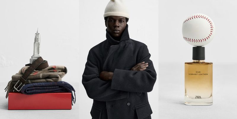 Fashion editorial shot of a Black male model in a winter coat, beanie, and studio still life featuring perfume, baseball, and scarves.