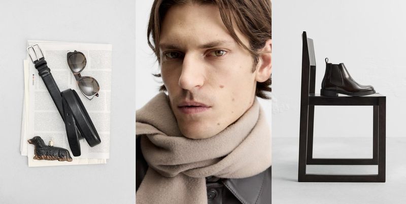 Menswear still life featuring a brunette man, scarf, belt, sunglasses, dog figurine, shoe on a chair, newspaper, studio lighting.