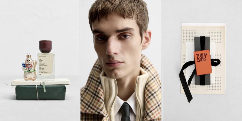 Still life featuring a cologne bottle, a gift card with a ribbon, and a model wearing a jacket and tie on a light background.