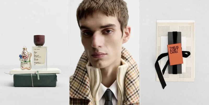 Still life featuring a cologne bottle, a gift card with a ribbon, and a model wearing a jacket and tie on a light background.