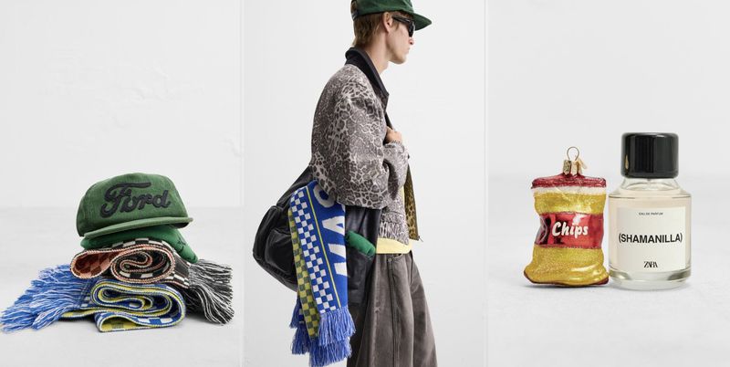Stylized editorial shot featuring a person in fashionable clothing with accessories, scarves, a hat, and a perfume bottle.