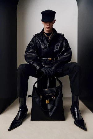 Male fashion model wearing black leather jacket and cap, seated with large black leather handbag in a minimalist studio setting.
