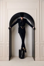 Model balancing atop a cylindrical pedestal inside a dark arched doorway wearing a black suit and hat