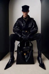 Model seated wearing a black leather jacket, cap, and gloves, holding a large black leather bag against a neutral studio backdrop.