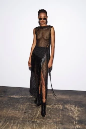 Model wearing dark sunglasses and a sheer black mesh dress with fringe details against a white background