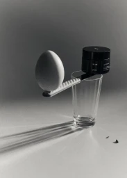 A balancing scale holding an egg and a Klur skincare jar resting on a glass against a grey seamless background