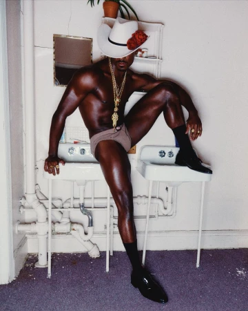 Shirtless man wearing a white cowboy hat with red rose, gold chains, and underwear perched atop a double sink.